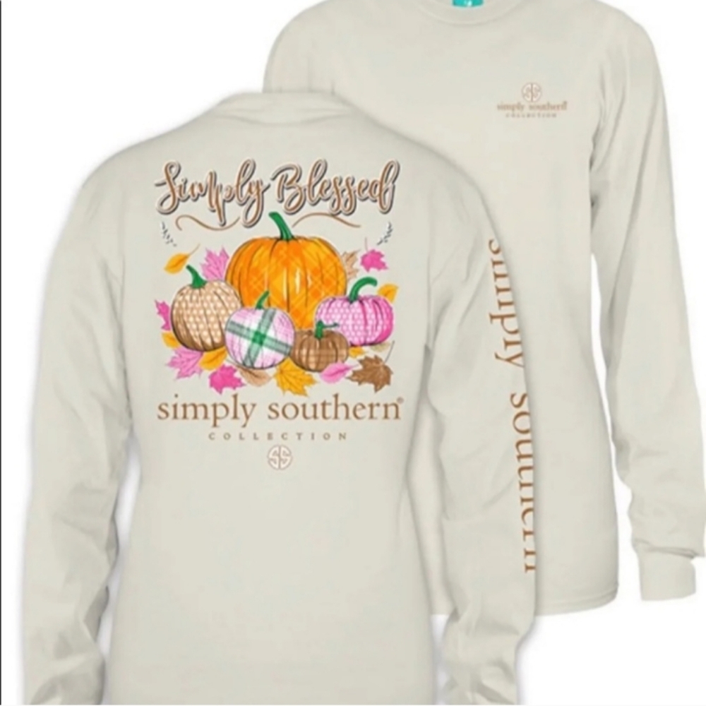 🆕 Simply Southern Cream "Simply Blessed" Fall Pumpkin Long Sleeve Tee Large NWT